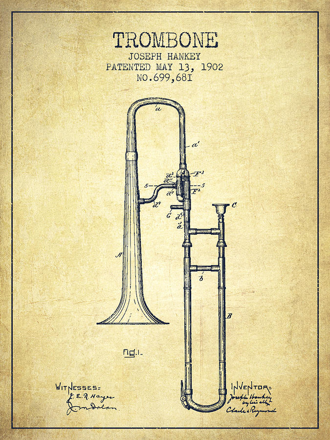 Music Digital Art - Trombone Patent from 1902 - Vintage by Aged Pixel