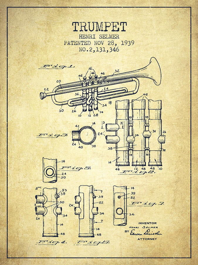 Music Digital Art - Trumpet Patent from 1939 - Vintage by Aged Pixel