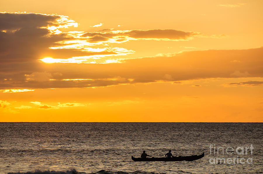 Two men paddling a Hawaiian outrigger canoe at sunset Maui Hawaii USA #5 Photograph by Don Landwehrle