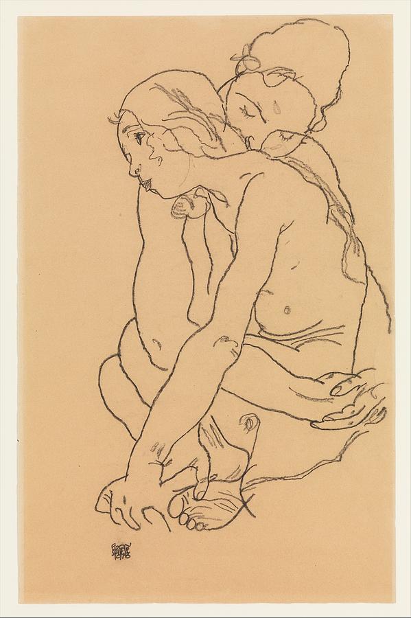 Egon Schiele Drawing - Two Women Embracing #5 by Egon Schiele