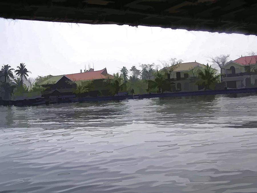 View of lake resort framed from the top of a houseboat #5 Digital Art by Ashish Agarwal