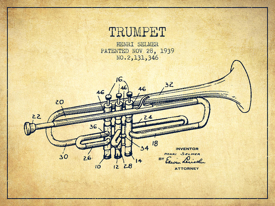 Vinatge Trumpet Patent From 1939 Drawing