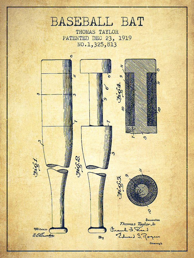 Vintage Baseball Bat Patent From 1919 Drawing