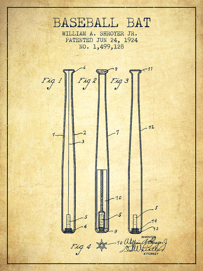 Vintage Baseball Bat Patent From 1924 Drawing