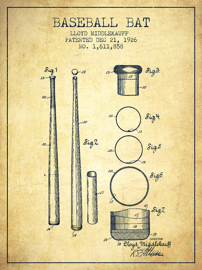 Vintage Baseball Bat Patent From 1926 Drawing