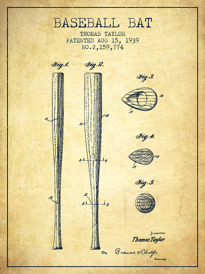 Baseball Bat Drawing - Vintage Baseball Bat Patent from 1939 by Aged Pixel