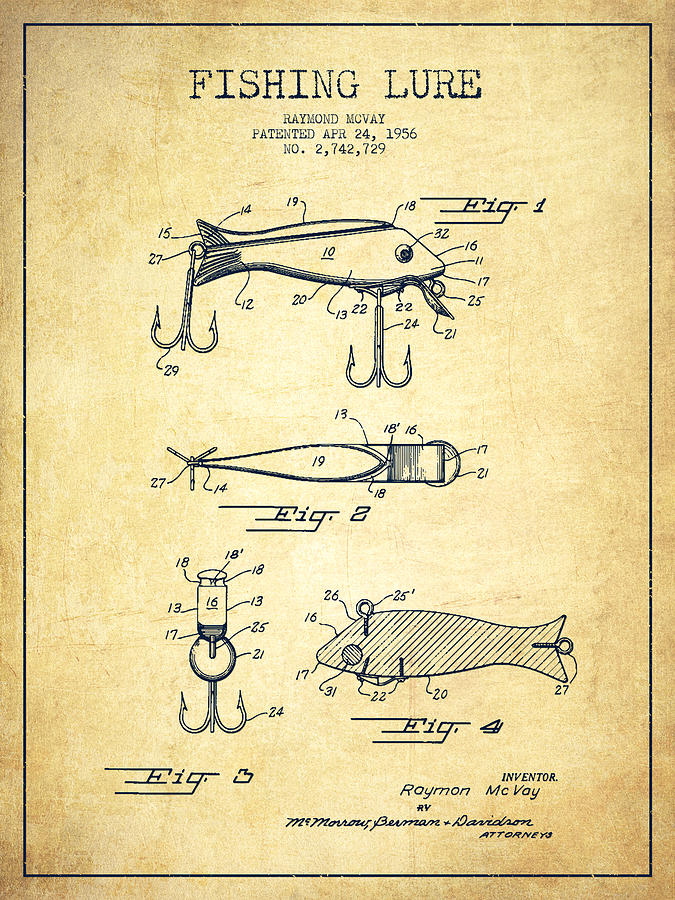 Vintage Fishing Lure Patent Drawing from 1956 #3 by Aged Pixel