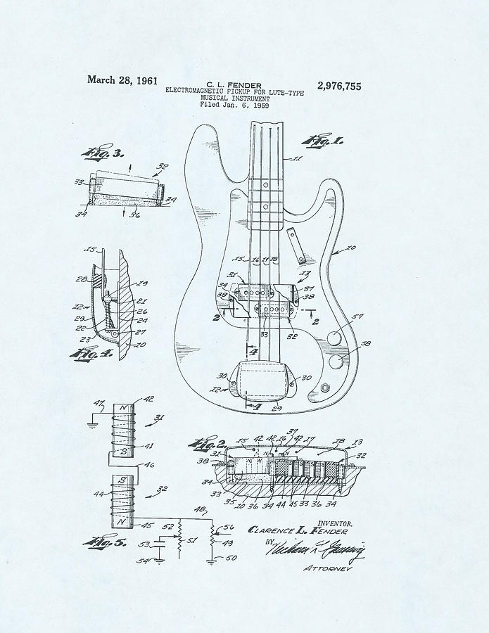 Guitar Patent Drawing on blue background #5 Drawing by Steve Kearns