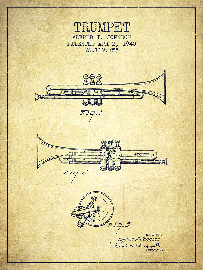 Music Digital Art - Vintage Trumpet Patent from 1940 - Vintage by Aged Pixel