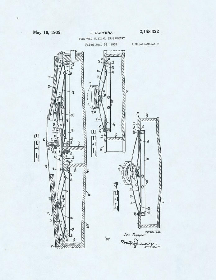 Violin Patent drawing on blue background Drawing by Steve Kearns