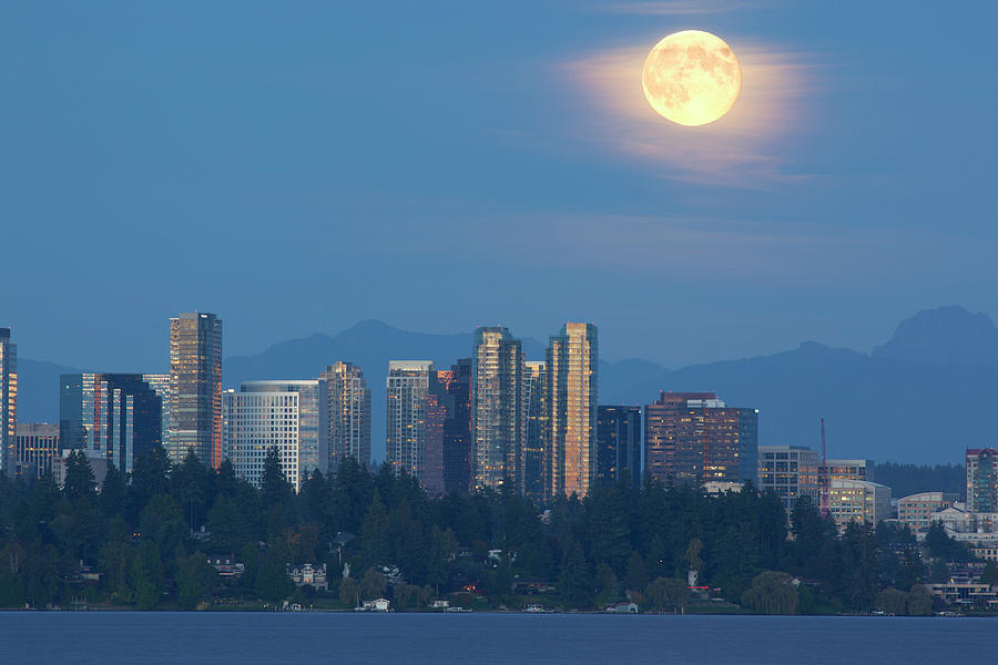 City Photograph - Wa, Bellevue, Full Moon Raising #5 by Jamie and Judy Wild