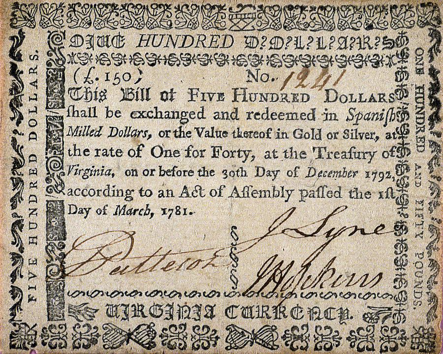 500 DOLLAR NOTE, c1781 Photograph by Granger