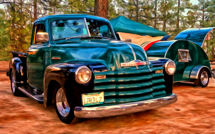 51 Chevy Pickup with Teardrop Trailer #51 Painting by Michael Pickett
