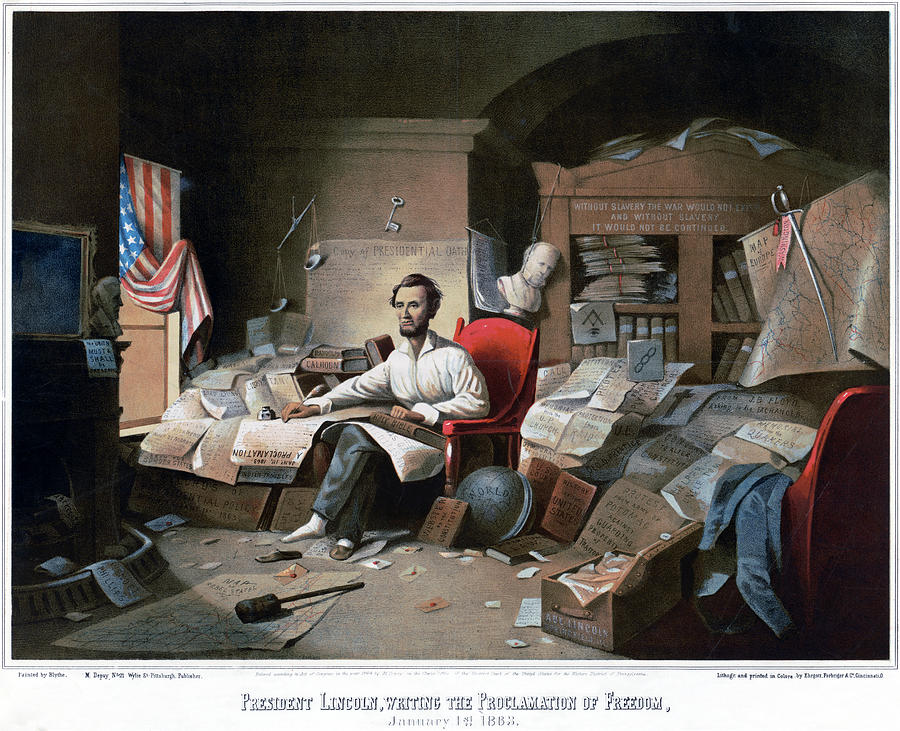 Abraham Lincoln - Writing the Emancipation Proclamation Painting by Granger