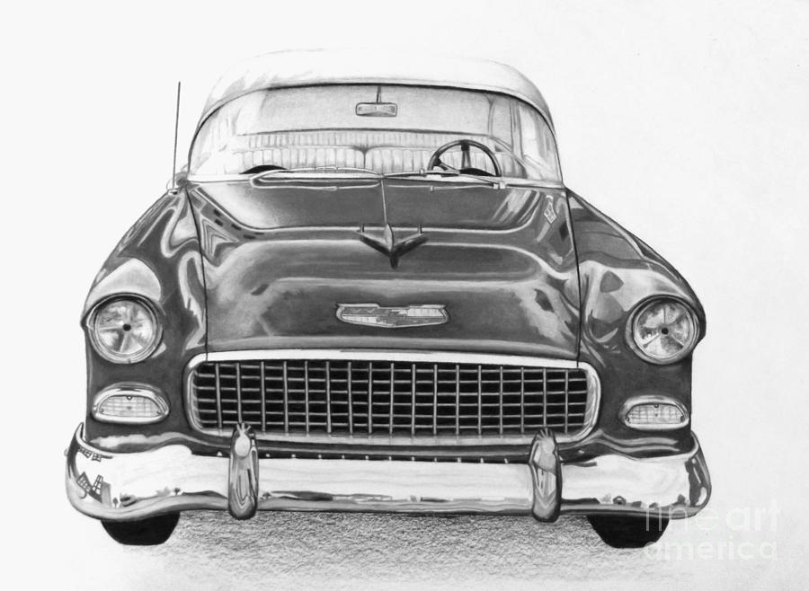 55 Chevy Black and White Drawing by David Neace