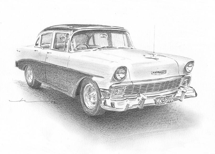 56 Chevy Pencil Portrait Drawing by Mike Theuer - Fine Art America