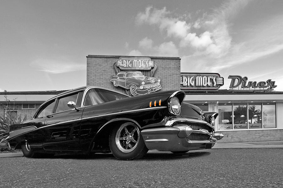 57 Black Chevy at the Diner Black and White Photograph by Gill Billington
