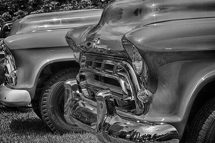 57 Chevy Pickups In Black n White Photograph by Jeff Sinon