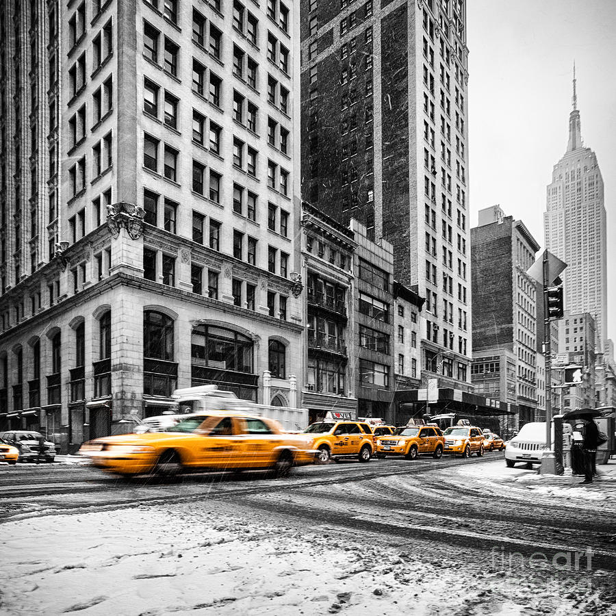 Empire State Building Photograph - 5th Avenue yellow cab by John Farnan
