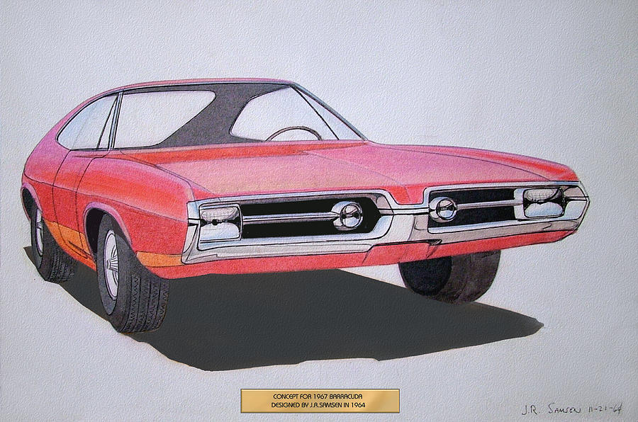 Car Concepts Drawing - 1967 BARRACUDA   Plymouth vintage styling design concept rendering sketch #6 by John Samsen