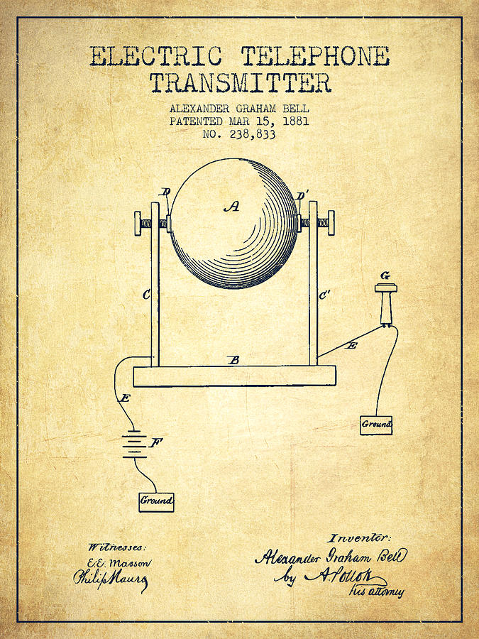 Vintage Drawing - Alexander Graham Bell Electric Telephone Transmitter Patent from #6 by Aged Pixel