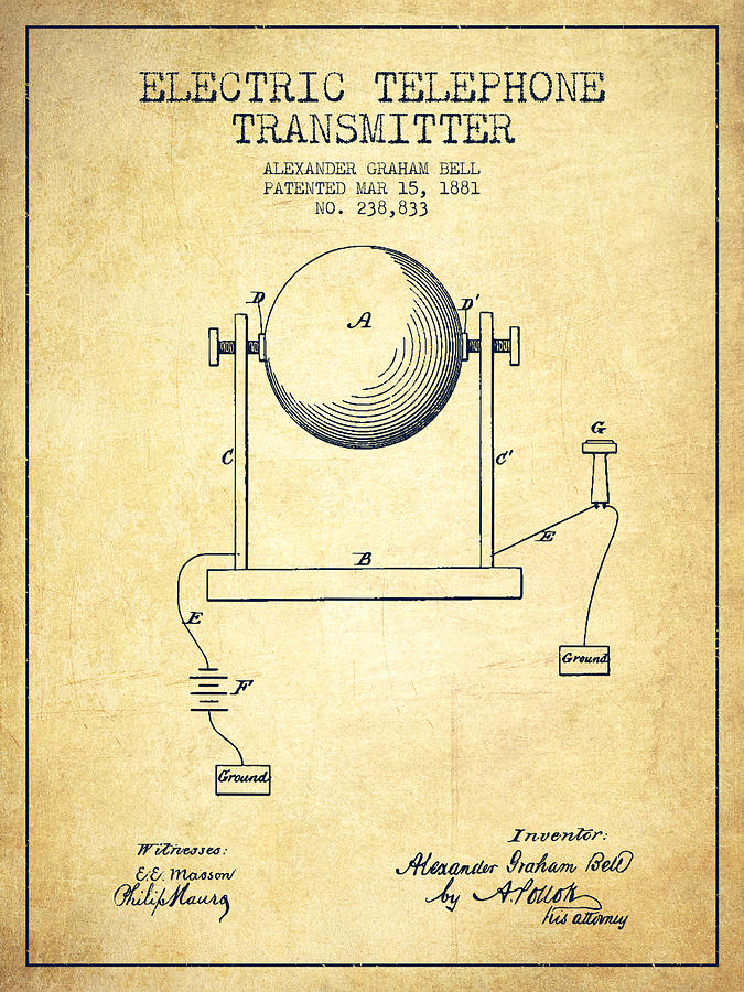 Alexander Graham Bell Electric Telephone Transmitter Patent From Drawing By  Aged Pixel