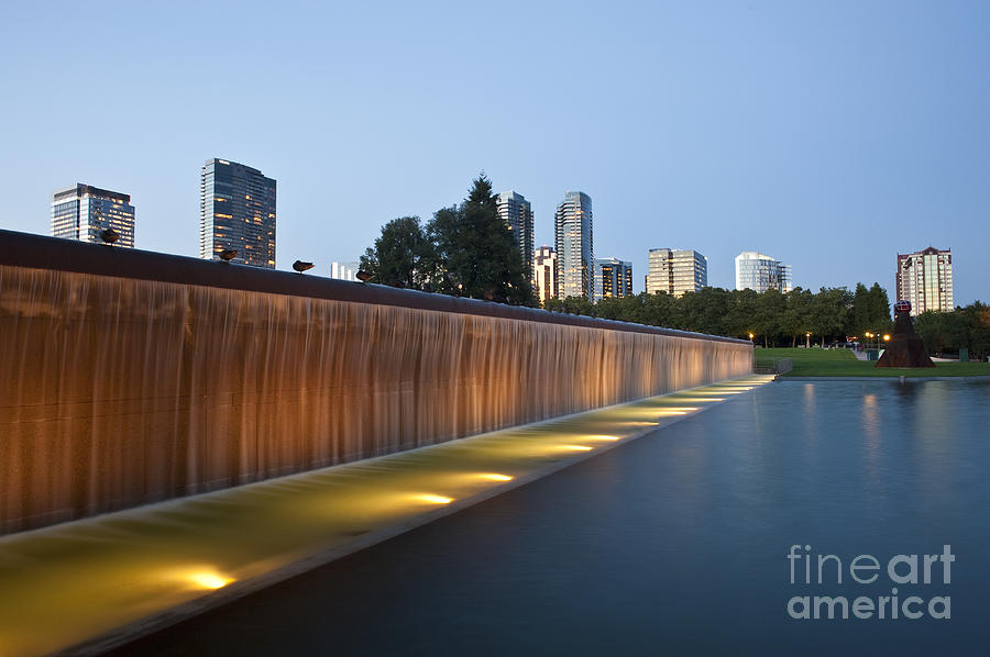 Bellevue skyline from city park with fountain and waterfall at s #6 Photograph by Jim Corwin