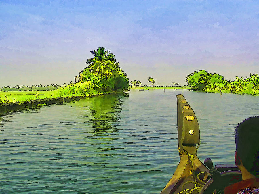 Boat Digital Art - Captain of the houseboat surveying canal #6 by Ashish Agarwal