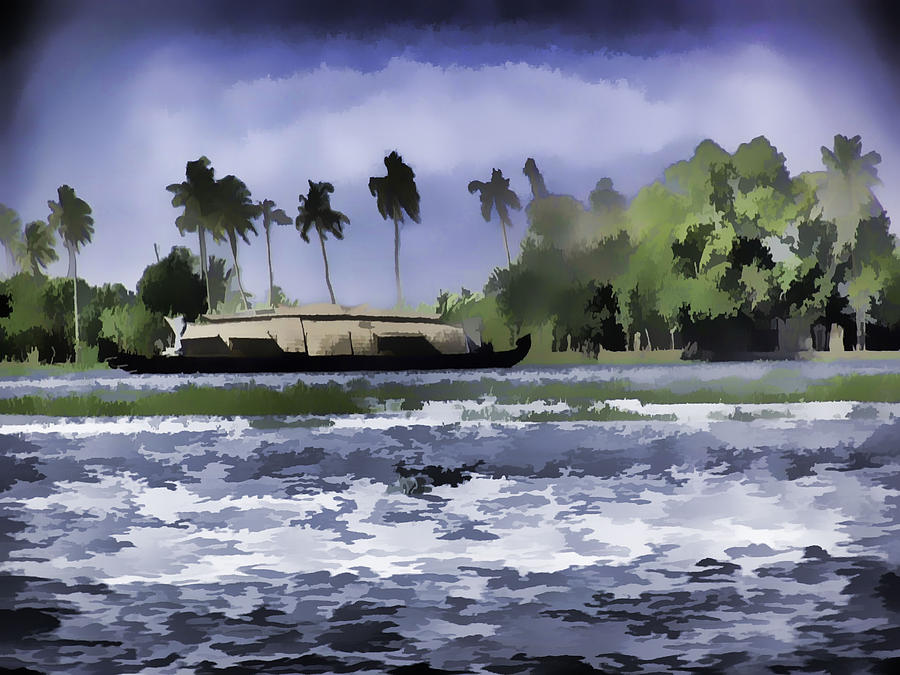 Digital Oil Painting - A houseboat on its quiet sojourn through the backwaters #6 Digital Art by Ashish Agarwal
