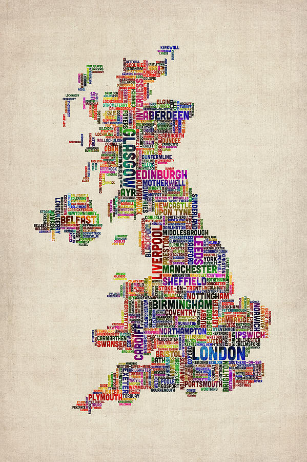 Great Britain UK City Text Map #6 Digital Art by Michael Tompsett