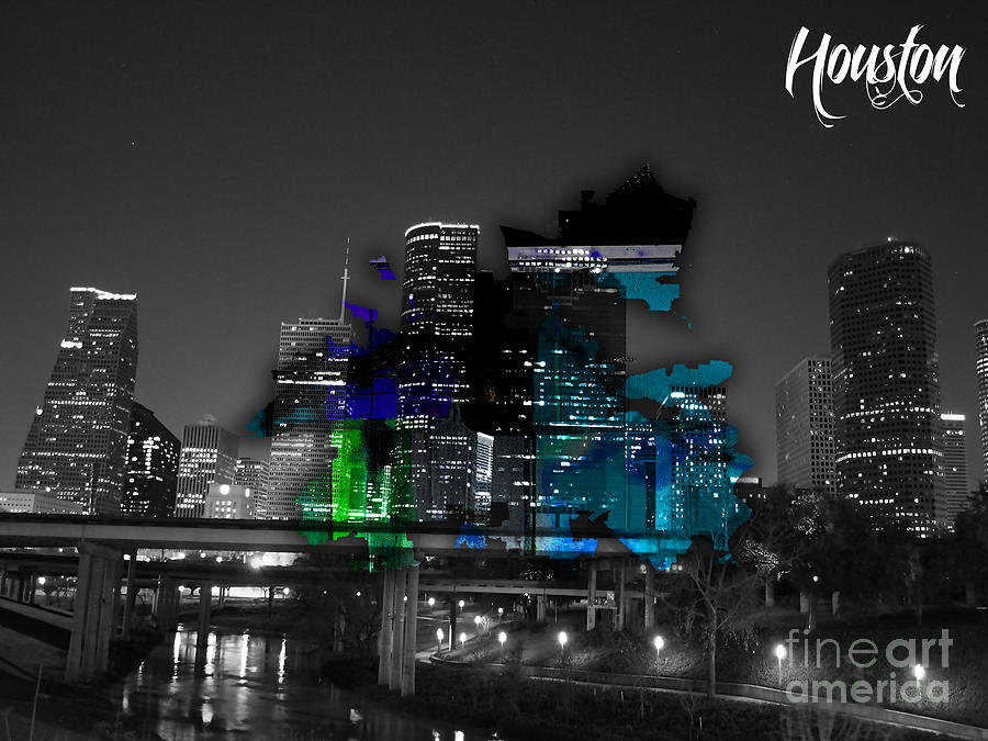 Houston Skyline Mixed Media - Houston Map and Skyline Watercolor #6 by Marvin Blaine