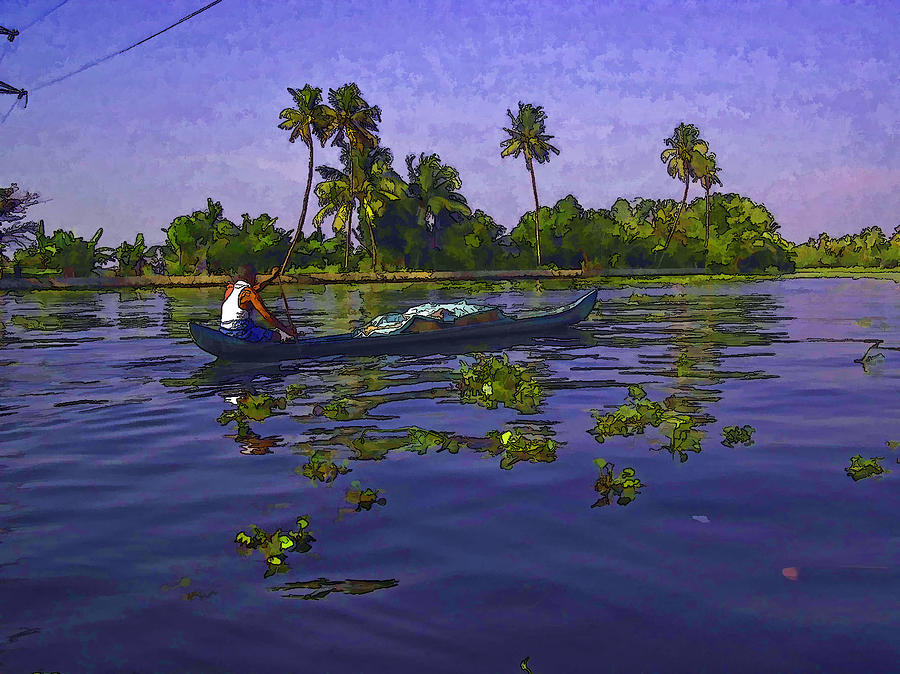 Fish Digital Art - Man boating on a salt water lagoon #6 by Ashish Agarwal