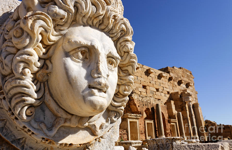 Architecture Photograph - Sculpted Medusa head at the Forum of Severus at Leptis Magna in Libya #6 by Robert Preston