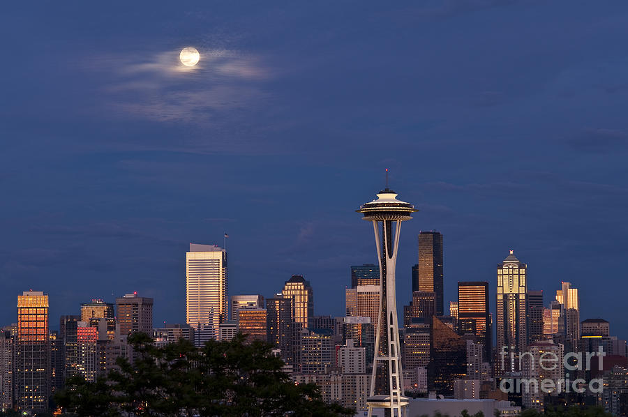 Seattle Skyline with moonrise and Space Needle #6 Photograph by Jim Corwin