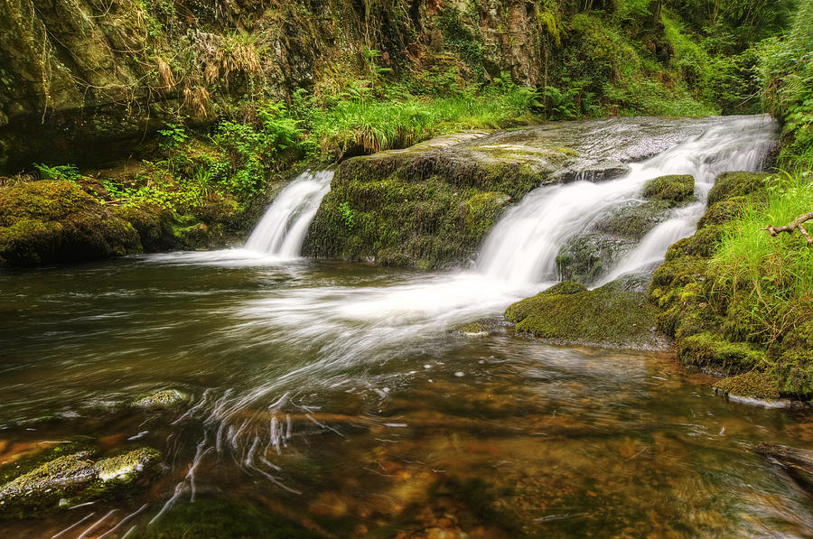 Tree Photograph - Stunning waterfall flowing over rocks through lush green forest  #6 by Matthew Gibson