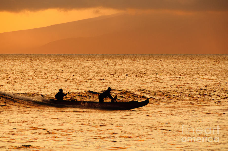 Two men paddling a Hawaiian outrigger canoe at sunset Maui Hawaii USA #6 Photograph by Don Landwehrle