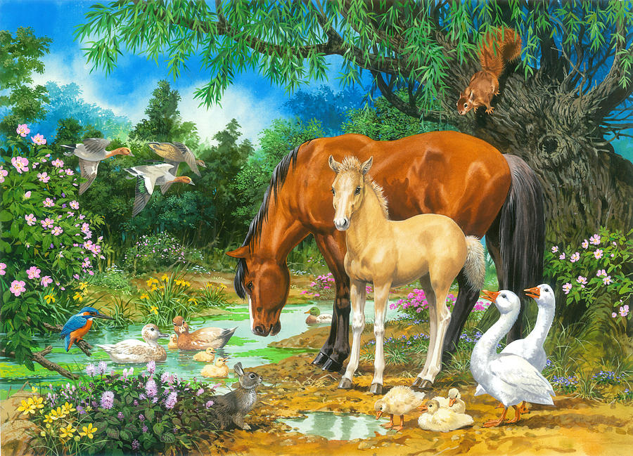 Foal and Mare by the Stream Painting by MGL Meiklejohn Graphics Licensing