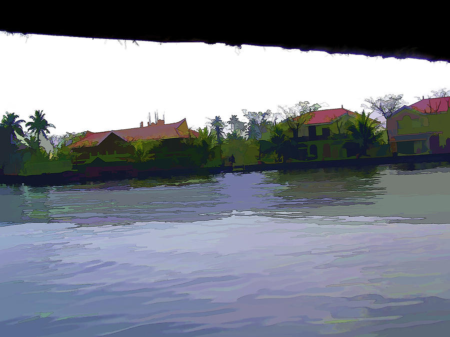 View of lake resort framed from the top of a houseboat #6 Digital Art by Ashish Agarwal