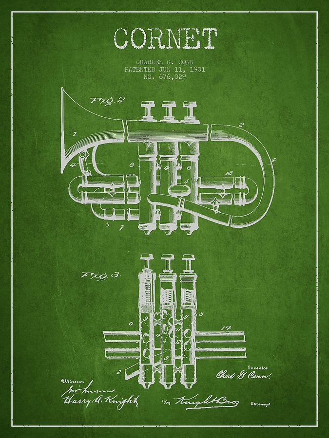 Cornet Patent Drawing From 1901 - Green Digital Art