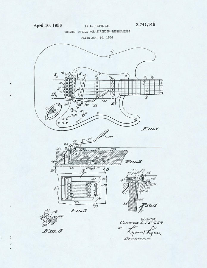 Guitar Patent Drawing on blue background #4 Drawing by Steve Kearns