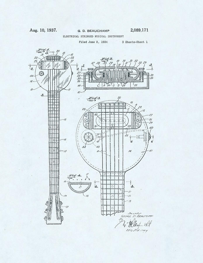 Guitar Patent Drawing on a blue background #12 Drawing by Steve Kearns