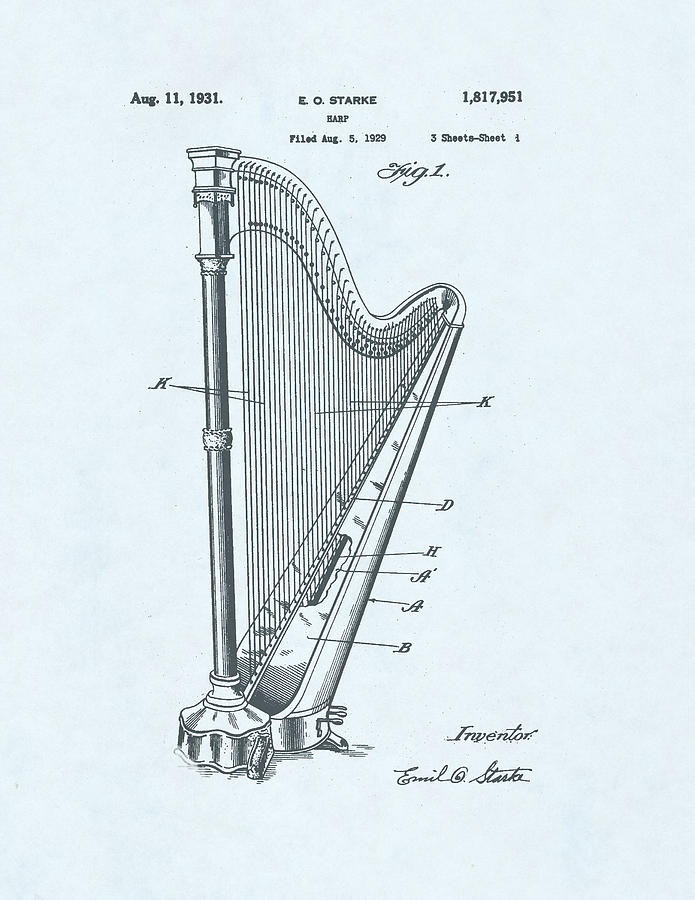 Harp Patent Drawing on blue background #2 Drawing by Steve Kearns
