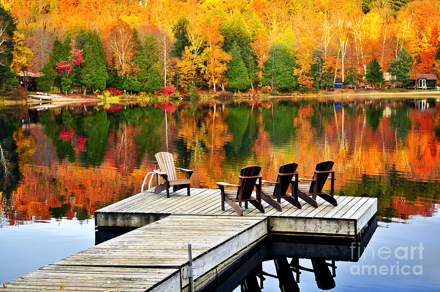 Wooden Dock On Autumn Lake With Forest Reflections Photograph