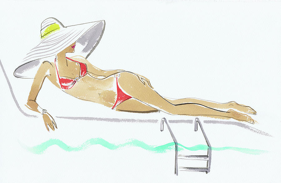 Woman Wearing Large Sun Hat Reclining On Sun Lounger Beside Swimming Pool Photograph by Jacqueline Bissett
