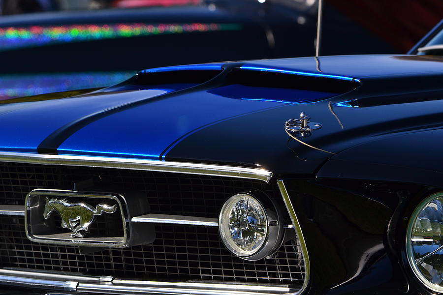 67 Blue Mustang Hood Scoop Photograph by Dean Ferreira