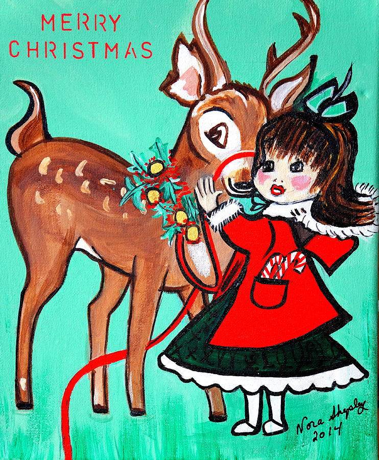 Little Girl With Reindeer Painting by Nora Shepley