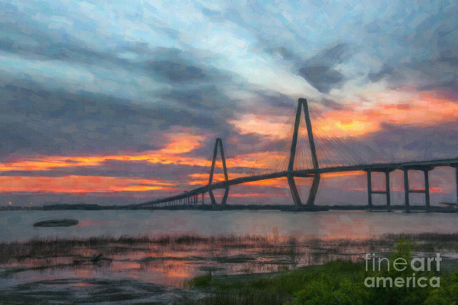 Arthur Ravenel Bridge Murky Sunset Digital Art