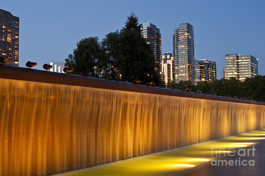 Bellevue skyline from city park with fountain and waterfall at s #7 Photograph by Jim Corwin