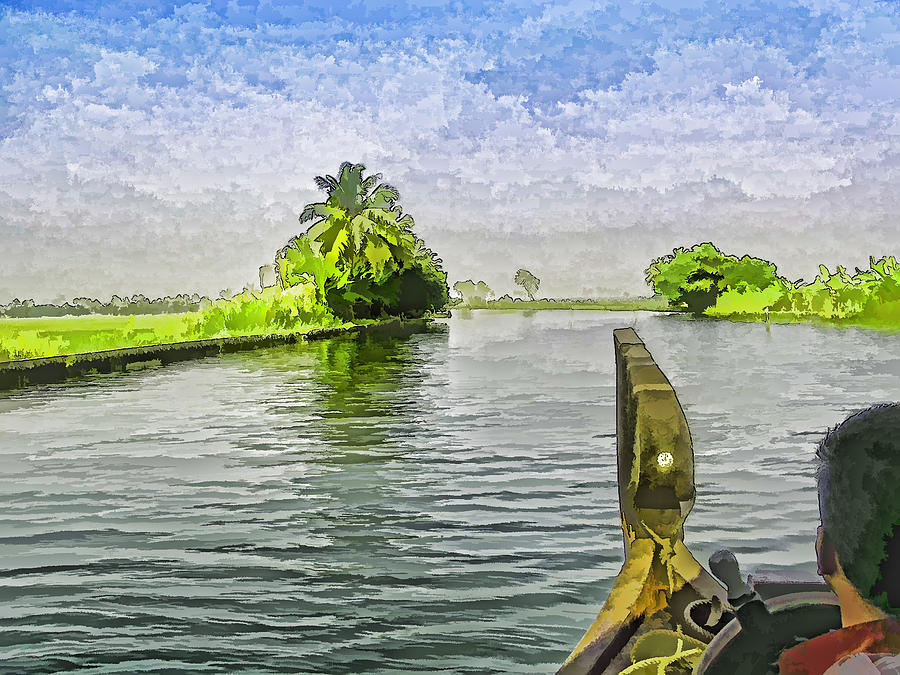 Boat Digital Art - Captain of the houseboat surveying canal #7 by Ashish Agarwal