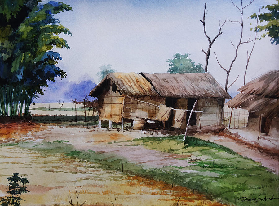 Vibrant Village Watercolor Painting